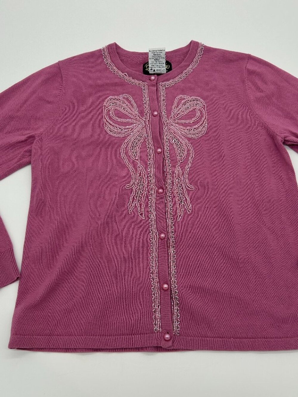 Bob Mackie Womens Cardigan Button Up Ribbon Beaded Sequin Pink Wearable Art Med